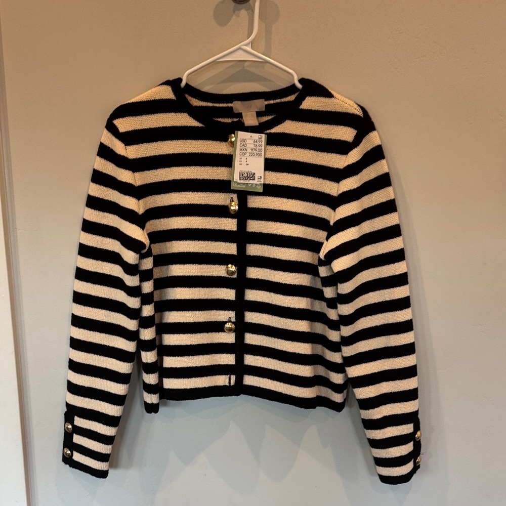 NWT: H&M Black and Cream Striped Cardigan with Gold Buttons